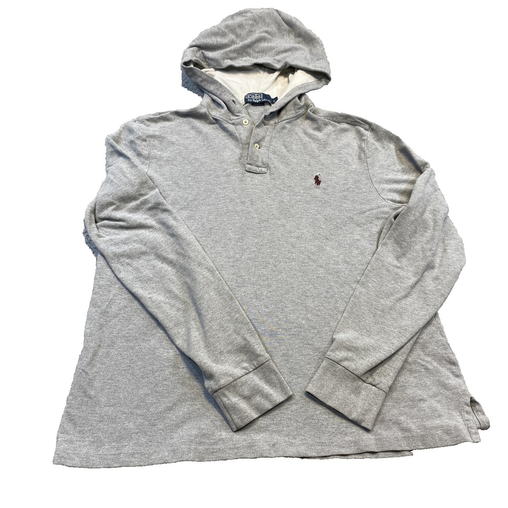 Polo Ralph Lauren Shirt Mens Large Gray Hooded Henley Long Sleeve Pony Logo